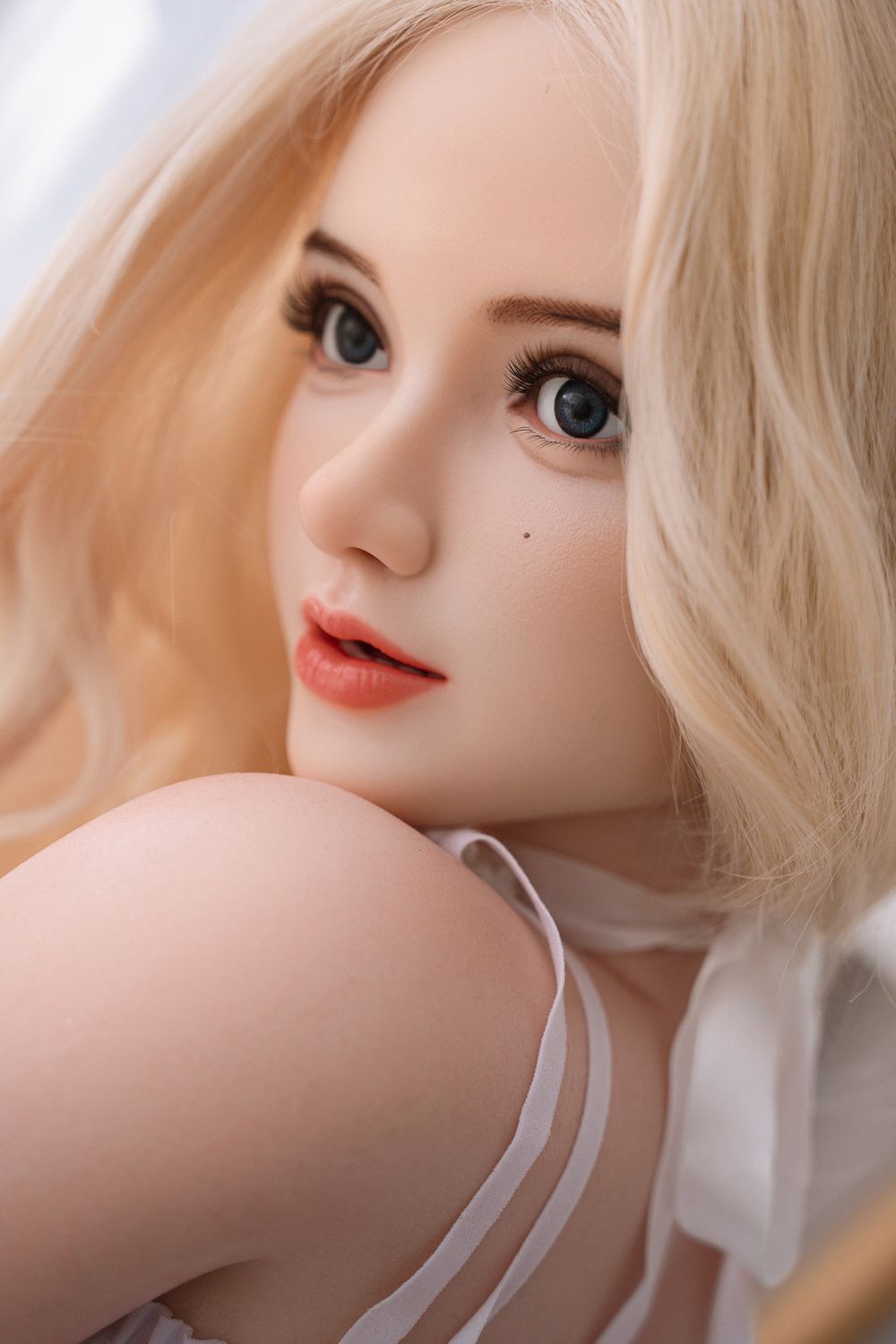 SY DOLL 148cm Full Silicone Realistic Small Breasts Doll Kitty in cat ears, paw gloves, and white cosplay lingerie, featuring a heart-shaped cutout revealing her curves, with shallow blonde wavy hair02